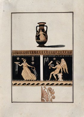 Above, red-figured Greek amphora; below, detail of the decoration showing a woman holding a plate and a seated winged figure holding an open box. Watercolour by A. Dahlsteen, 176- (?).