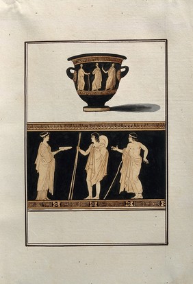 Above, red-figured Greek wine-mixing bowl (bell-krater); below, detail of the decoration showing a woman holding a plate and two youths with walking sticks. Watercolour by A. Dahlsteen, 176- (?).