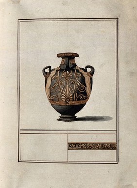 Above, red-figured Greek water jar (hydria) decorated with figures and a palm motif; below, detail of the decoration showing a frieze of stylised foliage. Watercolour by A. Dahlsteen, 176- (?).