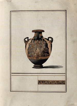 view Above, red-figured Greek water jar (hydria) decorated with figures and a palm motif; below, detail of the decoration showing a frieze of stylised foliage. Watercolour by A. Dahlsteen, 176- (?).