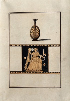 Above, red-figured Greek perfume jar (lekythos) decorated with a palm motif; below, detail of the decoration showing a lavishly dressed woman holding various objects. Watercolour by A. Dahlsteen, 176- (?).