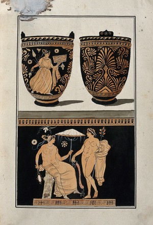 view Above, red-figured Greek bowl (situla?) decorated with a palm motif and a woman holding a casket; below, detail of the decoration showing a naked man and a seated woman (Aphrodite?) holding an umbrella and a mirror. Watercolour by A. Dahlsteen, 176- (?).