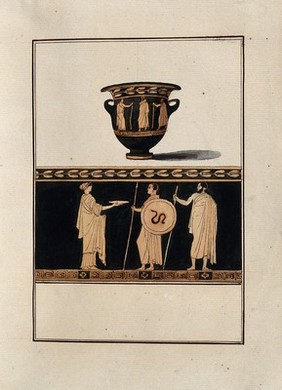 Above, red-figured Greek wine-mixing bowl (bell-krater); below, detail of the decoration showing a woman and two warriors, one of them holding a spear, the other holding a spear and a shield decoration with a snake. Watercolour by A. Dahlsteen, 176- (?).