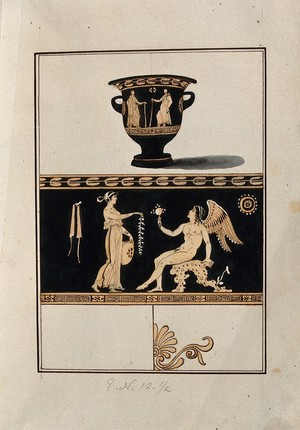 view Above, red-figured Greek wine-mixing bowl (bell-krater); below, detail of the decoration showing a seated winged figure and a woman holding various objects. Watercolour by A. Dahlsteen, 176- (?).