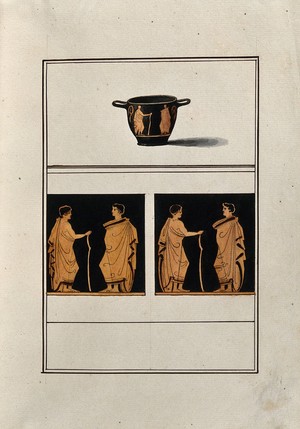 view Above, red-figured Greek cup with horizontal handles (skyphos); below, detail of the decoration showing two men facing each other, one of them holding a walking stick. Watercolour by A. Dahlsteen, 176- (?).