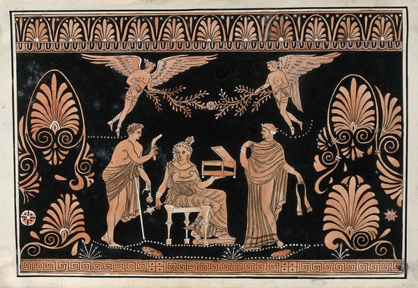 Detail of the decoration of a red-figured Greek vessel showing a seated woman holding an open casket (Pandora ?) surrounded by two men and two winged figures. Watercolour by A. Dahlsteen, 176- (?).