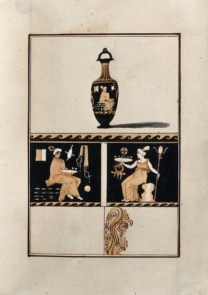 view Above, red-figured Greek perfume jar (lekythos); below, detail of the decoration showing two seated women holding various objects. Watercolour by A. Dahlsteen, 176- (?).