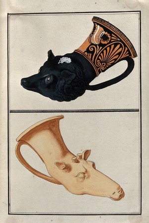 view Above, red-figured Greek drinking horn (rhyton) ending in a dog's head; below, Greek drinking-horn ending in a deer's head. Watercolour by A. Dahlsteen, 176- (?).