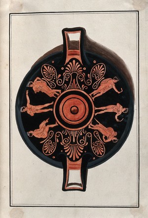 view Frieze decorating the inside of a Greek red-figured cup (kylix) showing naked youths and a palm motif. Watercolour by A. Dahlsteen, 176- (?).