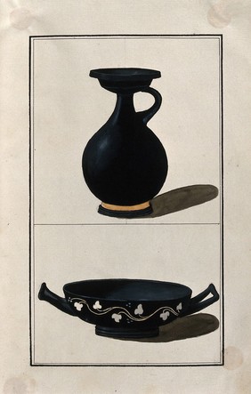 Above, black-ground Greek pouring vessel (lekythos?); below, black-ground Greek cup decorated with stylised vine leaves. Watercolour by A. Dahlsteen, 176- (?).