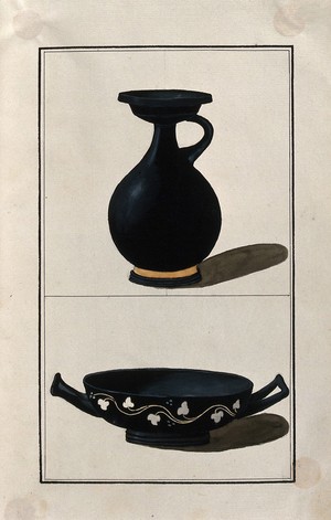 view Above, black-ground Greek pouring vessel (lekythos?); below, black-ground Greek cup decorated with stylised vine leaves. Watercolour by A. Dahlsteen, 176- (?).