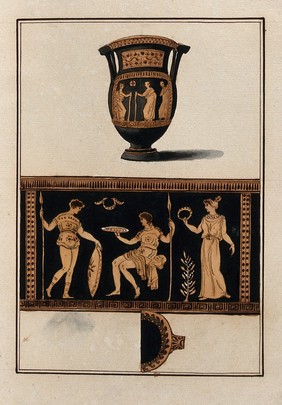 Above, red-figured Greek wine-mixing bowl (column krater); below, detail of the decoration showing a woman, a man holding a shield and a spear and a seated man holding a spear. Watercolour by A. Dahlsteen, 176- (?).