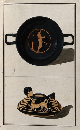 Above, red-figured Greek cup decorated with a naked man; below, red-figured Greek lamp decorated with a stylised leopard and a palm motif. Watercolour by A. Dahlsteen, 176- (?).