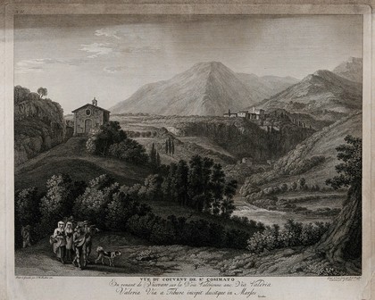 A valley with the convent of San Cosimato, near Vicovaro, Lazio. Etching and engraving by B.A. Dunker and M.G. Eichler after J. Ph. Hackert, 1780.