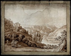 view A valley with the convent of San Cosimato, near Vicovaro, Lazio. Drawing attributed to J. Ph. Hackert, 1780.