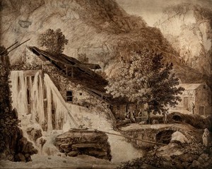 view A waterfall in Amalfi, driving a wheel outside an iron-works or iron mine. Drawing by J.Ph. Hackert, 1790.