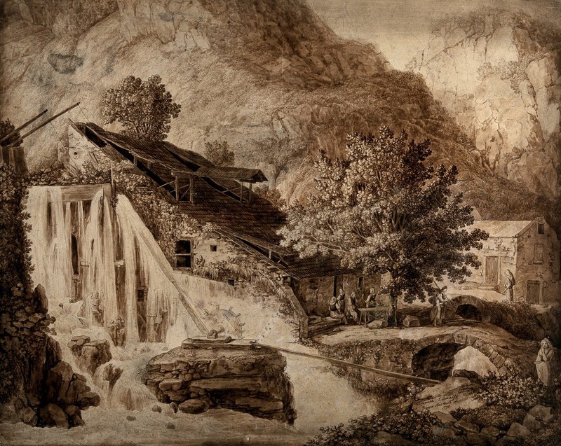 A waterfall in Amalfi, driving a wheel outside an iron-works or iron mine. Drawing by J.Ph. Hackert, 1790., 1790, by Jacob Philipp Hackert
