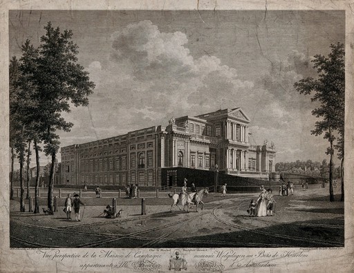 Haarlem, North Holland: the Paviljoen Welgelegen, the seat of Henry Hope. Etching by B. Comte, 1792, after H.P. Schouten, 1791.