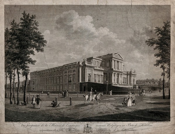 Haarlem, North Holland: the Paviljoen Welgelegen, the seat of Henry Hope. Etching by B. Comte, 1792, after H.P. Schouten, 1791.