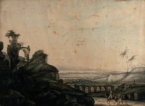 view Ruins at Carthage, with salt marshes in the distance, Tunisia. Watercolour by Charles Gülin, 1778.