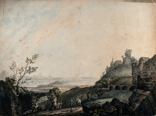 Ruins at Galetta, with lake Tunis in the distance, seen from Carthage, Tunisia. Watercolour by Charles Gülin, 1778.