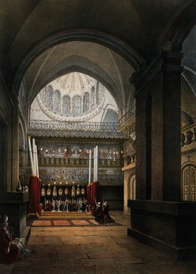 Stone of Unction within the Greek chapel, Jerusalem. Chromolithograph by H. Clerget and J. Gaildrau after François Edmond Pâris, 1862.