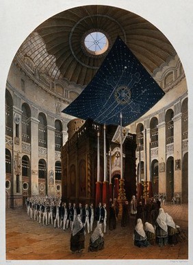 Procession inside the Church of the Holy Sepulchre, Jerusalem. Chromolithograph by H. Clerget and J. Gaildrau after François Edmond Pâris, 1862.