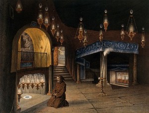 view Bethlehem: a monk praying in the chapel of the Nativity. Chromolithograph by H. Clerget and J. Gaildrau after F.E. Pâris, 1862.