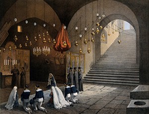 view Tomb of the Virgin, Jerusalem. Chromolithograph by H. Clerget and J. Gaildrau after François Edmond Pâris, 1862.