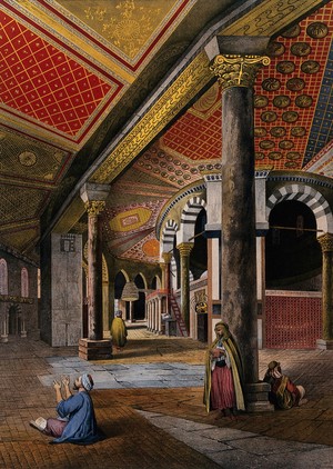 view Dome of the Rock, Jerusalem: interior, with a seated man praying. Chromolithograph by C.C. Bachelier and A. Adam after François Edmond Pâris, 1862.