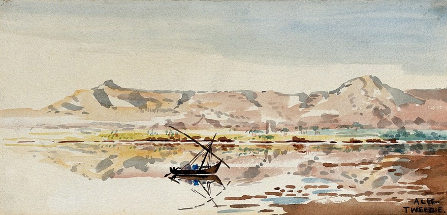 Sailing boat on the Nile, with mountains in the distance. Watercolour by E. Alec-Tweedie, c. 1920.