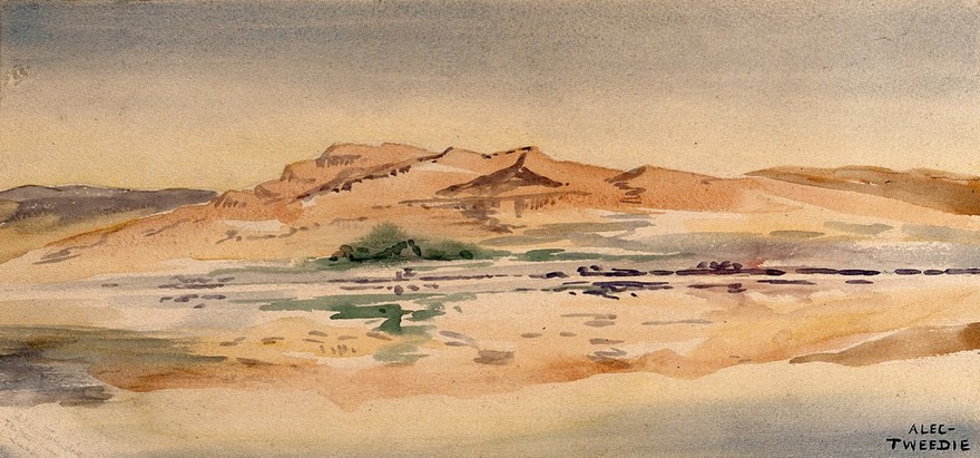 Thebes from the Luxor side of the Nile, Egypt. Watercolour by E. Alec-Tweedie, c. 1920.