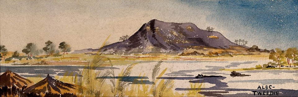 Mountain seen across the White Nile. Watercolour by Mrs. Ethel Alec-Tweedie, c. 1920.