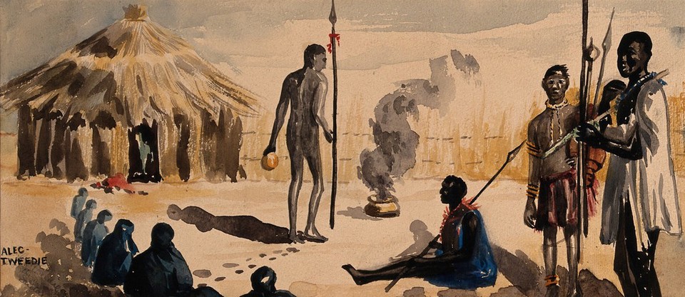 An incantatory ceremony in a village watched by men with spears. Watercolour by E. Alec-Tweedie, ca. 1920.