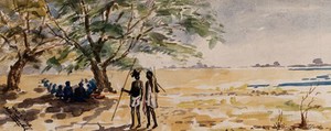 view Men with spears walking past tree with figures sitting in the shade. Watercolour by E. Alec-Tweedie, c. 1920.