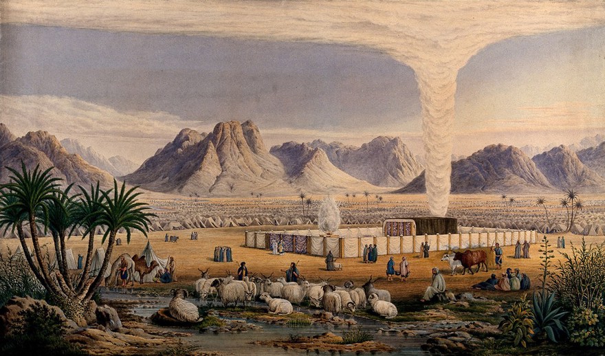 The Israelites' encampment in the wilderness of Paran after the Exodus from Egypt: God manifests himself in the form of a cloud. Watercolour by J.J. Derghi, 1866.