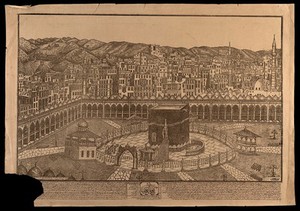 view Mecca: shrine of Kaʻbah within the Al-Haram mosque, with a view of the city. Lithograph, c. 1820.