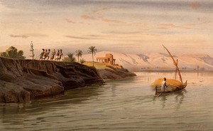 view Egypt: the river Nile near Akhmim. Colour lithograph by G. Seitz, ca. 1878, after Carl Werner, 1870.