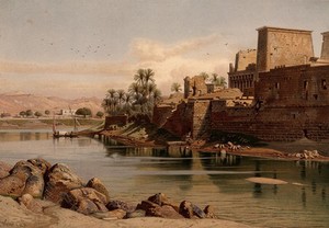 view Egypt: the temple of Isis at Philae. Colour lithograph by G.W. Seitz, ca. 1878, after Carl Werner, 1870.