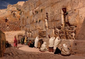 view Jerusalem: the Western Wall (Wailing Wall). Colour lithograph by M. & N. Hanhart, 1865, after K. Werner, 1863.