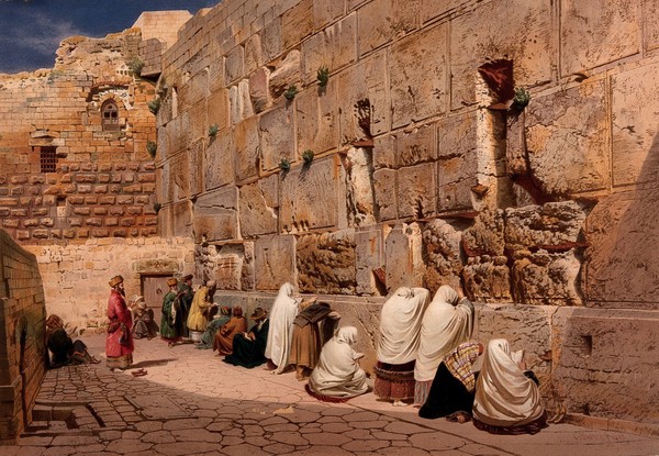 Jerusalem: the Western Wall (Wailing Wall). Colour lithograph by M. & N. Hanhart, 1865, after K. Werner, 1863.