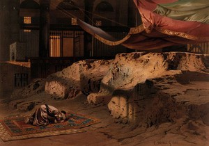 view Dome of the Rock, Jerusalem: a man praying before the Rock (Sakhrah). Colour lithograph by M. & N. Hanhart, 1865, after K. Werner, 1864.