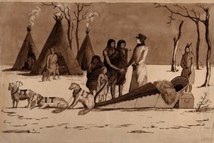 view Native Americans shake hands with a Western visitor, who is shown standing beside a sledge drawn by dogs; wigwams are seen in the background. Pencil and brown wash.