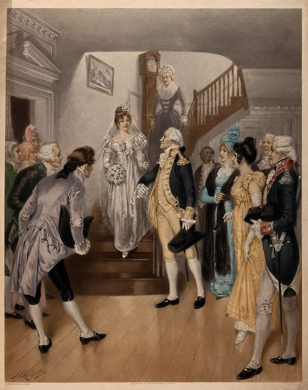 George Washington's last birthday: Washington is shown preparing to escort Nelly Custis at her wedding on February 22 1799, as she descends a staircase at Mount Vernon, in her wedding gown. Photogravure after a painting by H. A. Ogden, 1899., 1899, by Henry Alexander Ogden