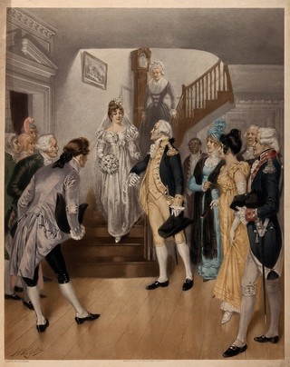 George Washington's last birthday: Washington is shown preparing to escort Nelly Custis at her wedding on February 22 1799, as she descends a staircase at Mount Vernon, in her wedding gown. Photogravure after a painting by H. A. Ogden, 1899.