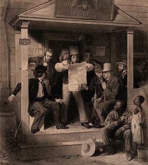 view An American man reads from a newspaper with amazement the latest news on the Mexican war, surrounded by an attentive group of men. Etching by A. Jones after a painting by R.C. Woodville, 1851.