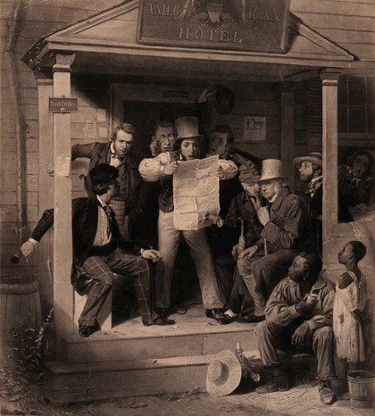 An American man reads from a newspaper with amazement the latest news on the Mexican war, surrounded by an attentive group of men. Etching by A. Jones after a painting by R.C. Woodville, 1851.