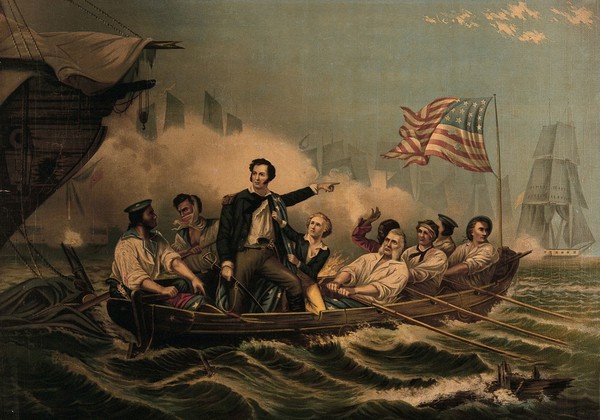 An episode in American naval history: a man in a battle at sea, commanding his men to row in a small boat, surrounded by large ships and the smoke from cannon fire. Chromolithograph, 186-.