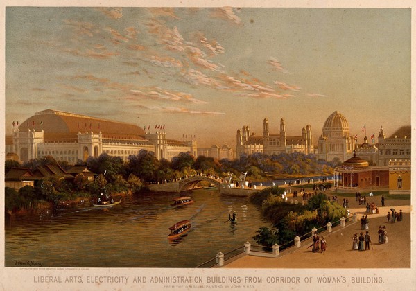 The World's Columbian Exposition of 1893, Chicago: a view of the Liberal Arts, Electricity and Administration buildings, seen from the corridor of the Woman's Building. Chromolithograph with gouache after a painting by J.R. Key, 1894.