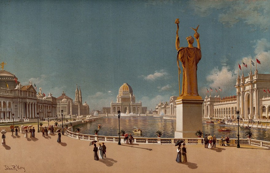 The World's Columbian Exposition of 1893, Chicago: a view of the Court of Honour, seen from the Peristyle. Chromolithograph with gouache after a painting by J.R. Key, 1894.